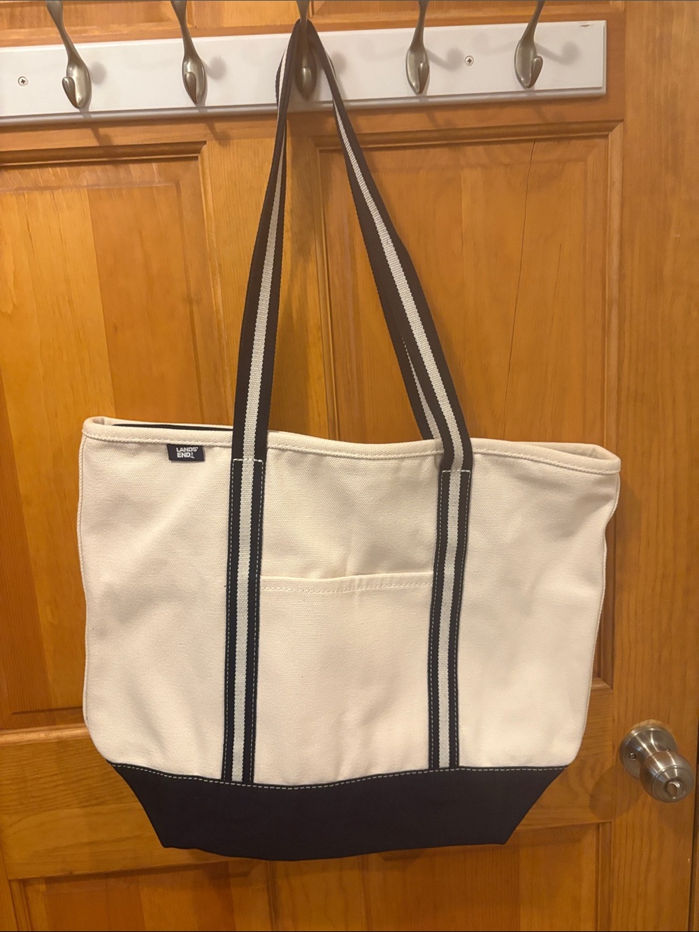 Lands' End White Canvas Tote with Navy Label